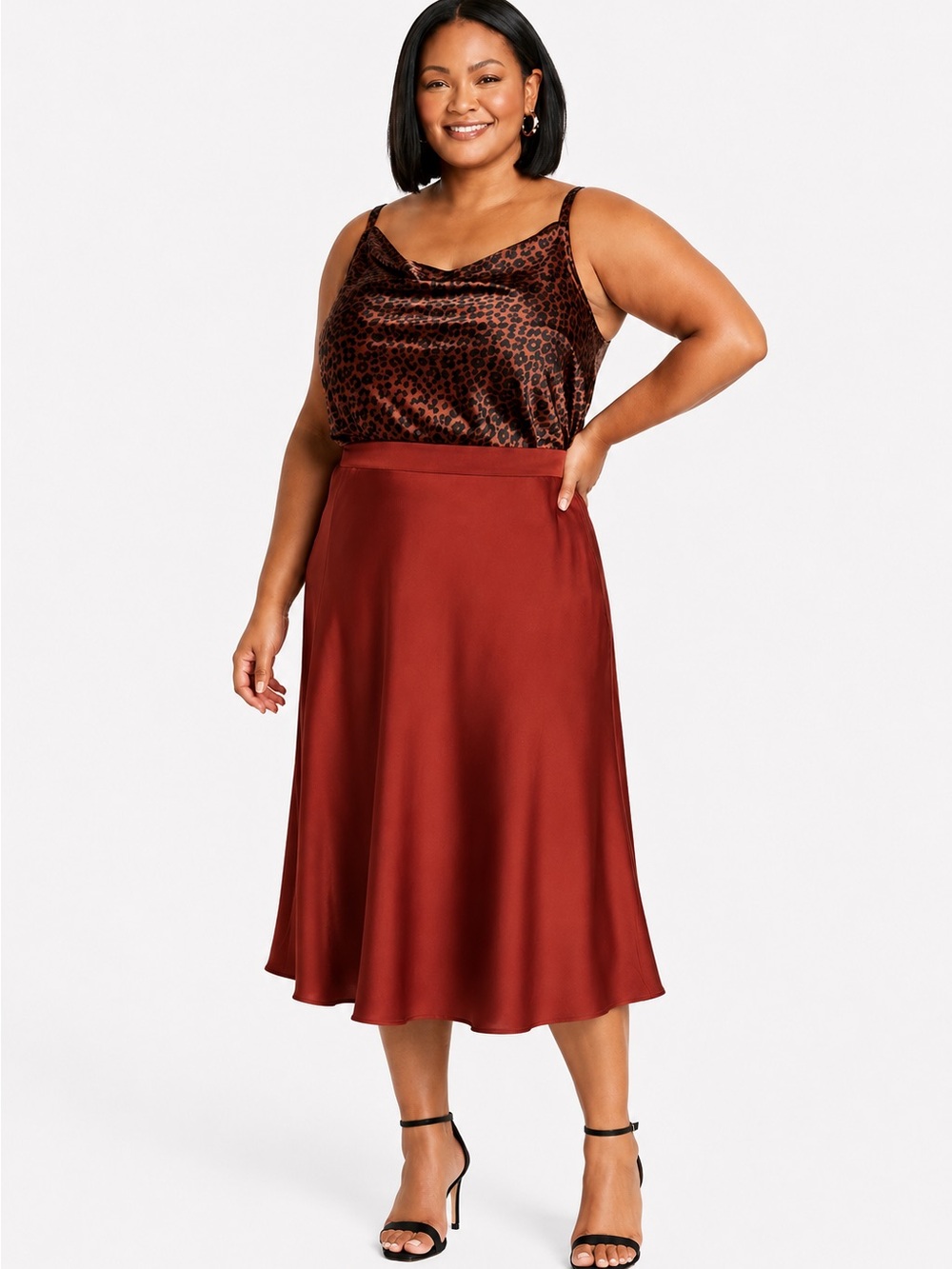 AVA & VIV | Satin A-Line Midi Skirt (Rust)